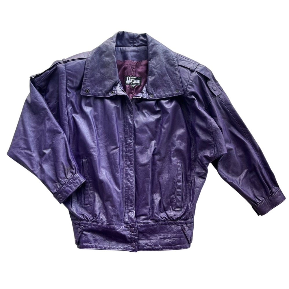 VINTAGE Comint Women S Purple Genuine Leather Oversized Collar Moto Jacket Retro